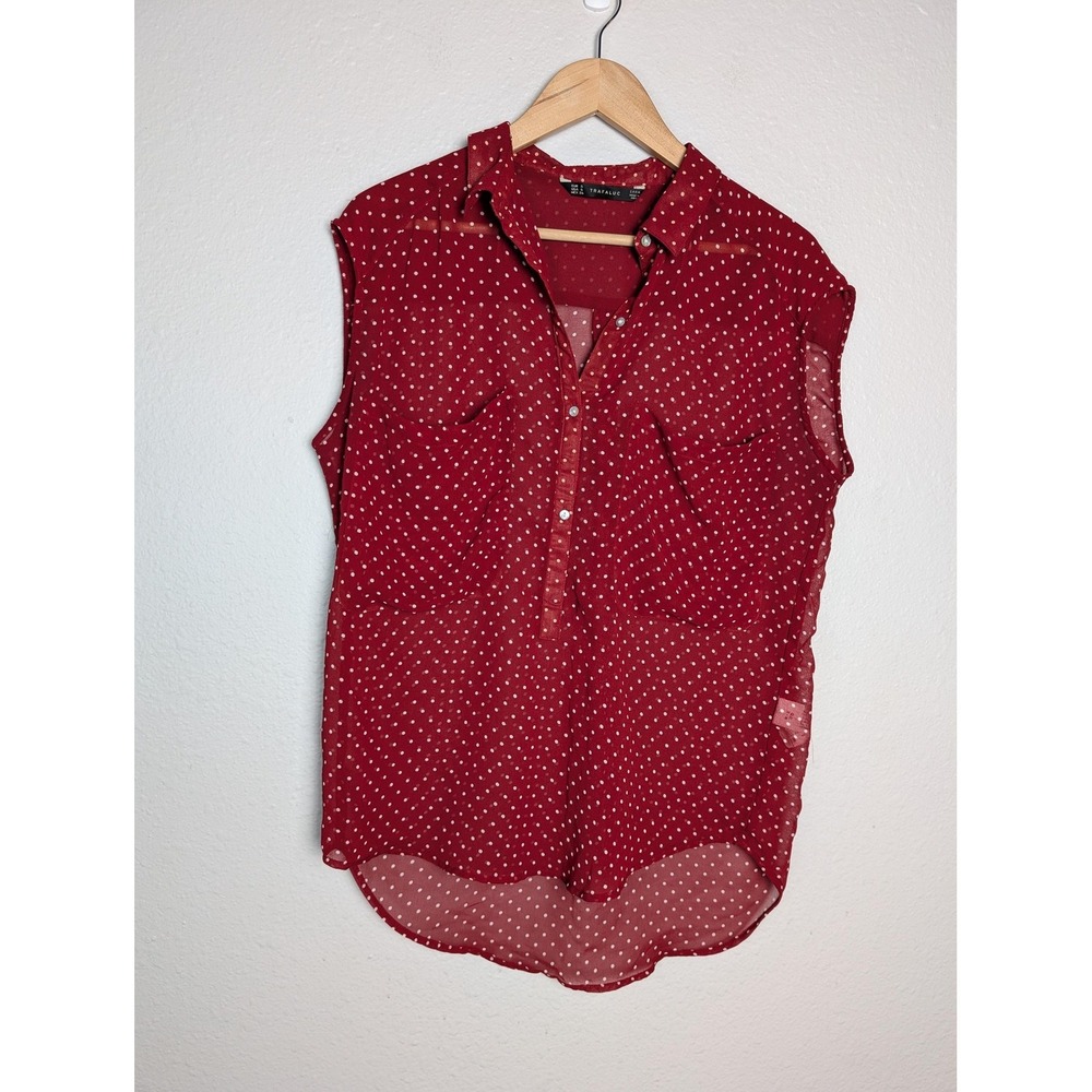 TRAFALUC Button-Up Womens S Red Polka‎ Dot Sleeveless Sheer Lightweight Pockets